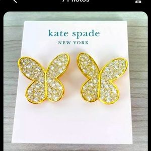 New 12k Kate Spade In a flutter Lg Pave Butterfly Stud Earrings Gold tone